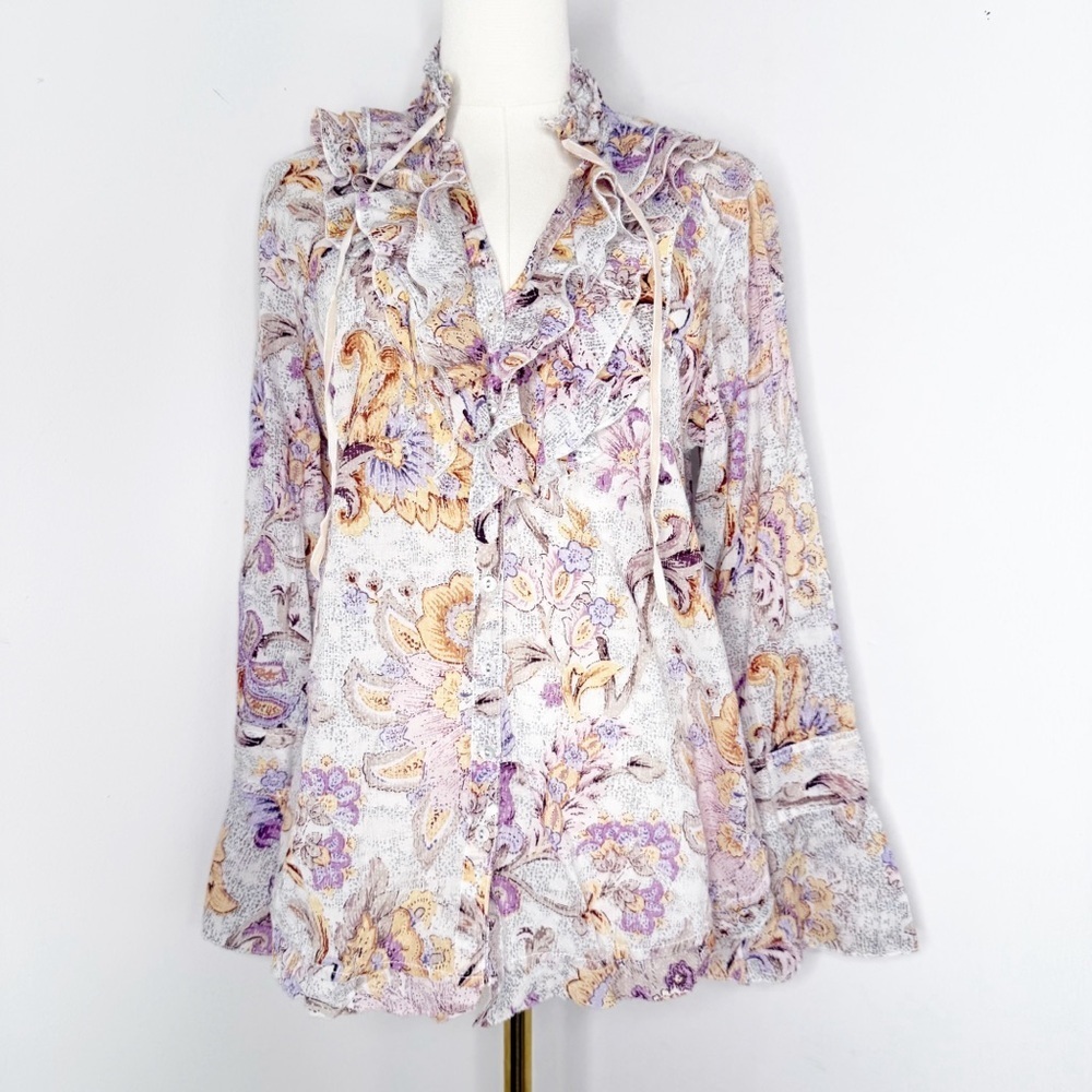 Cino Floral Ruffle Button Front Blouse 100% Cotton Size Large Sundance